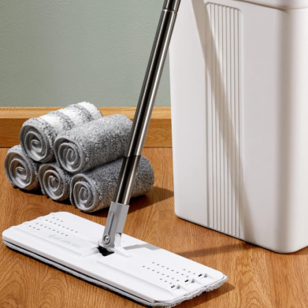 Microfiber Flat Mop and Bucket Cleaning Set with Washable Pads, Wet and Dry Floor Cleaning System